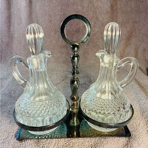 Elegant Vintage Glass Cruet Set with Silverplate Holder- Italy